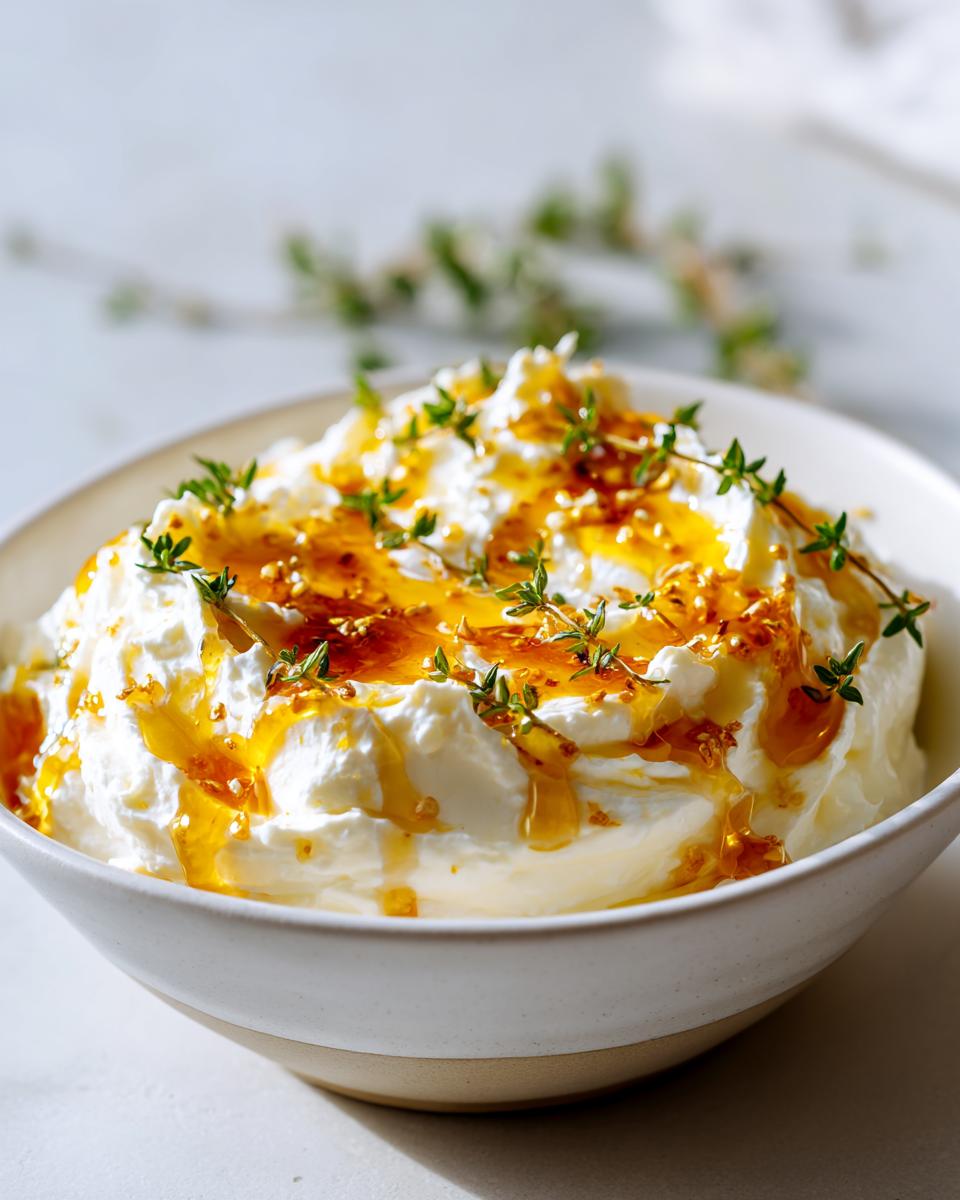 A creamy bowl of homemade ricotta dip topped with golden honey and fresh thyme sprigs.