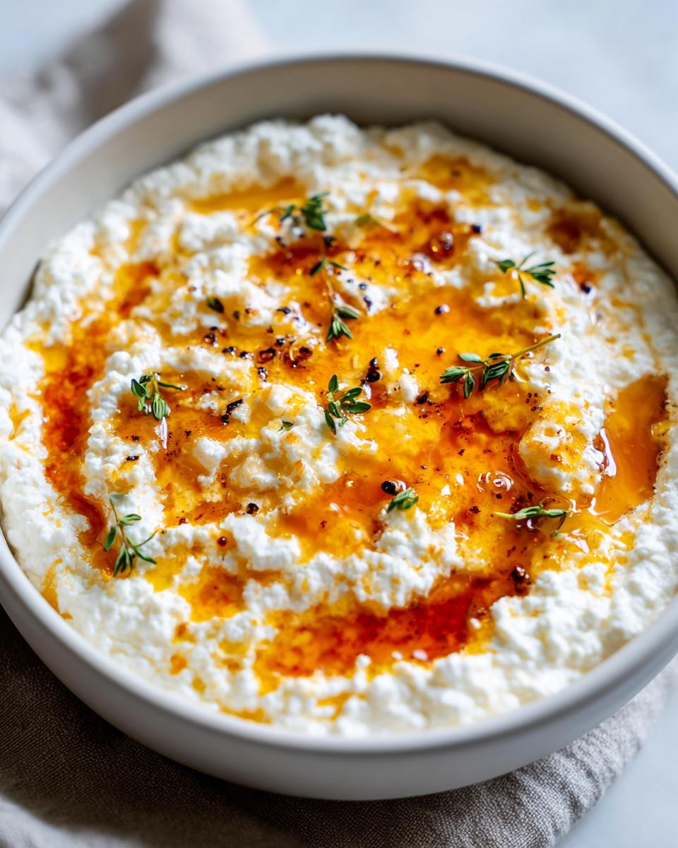 A close-up of a creamy ricotta dip drizzled with golden honey or chili oil and garnished with fresh thyme.