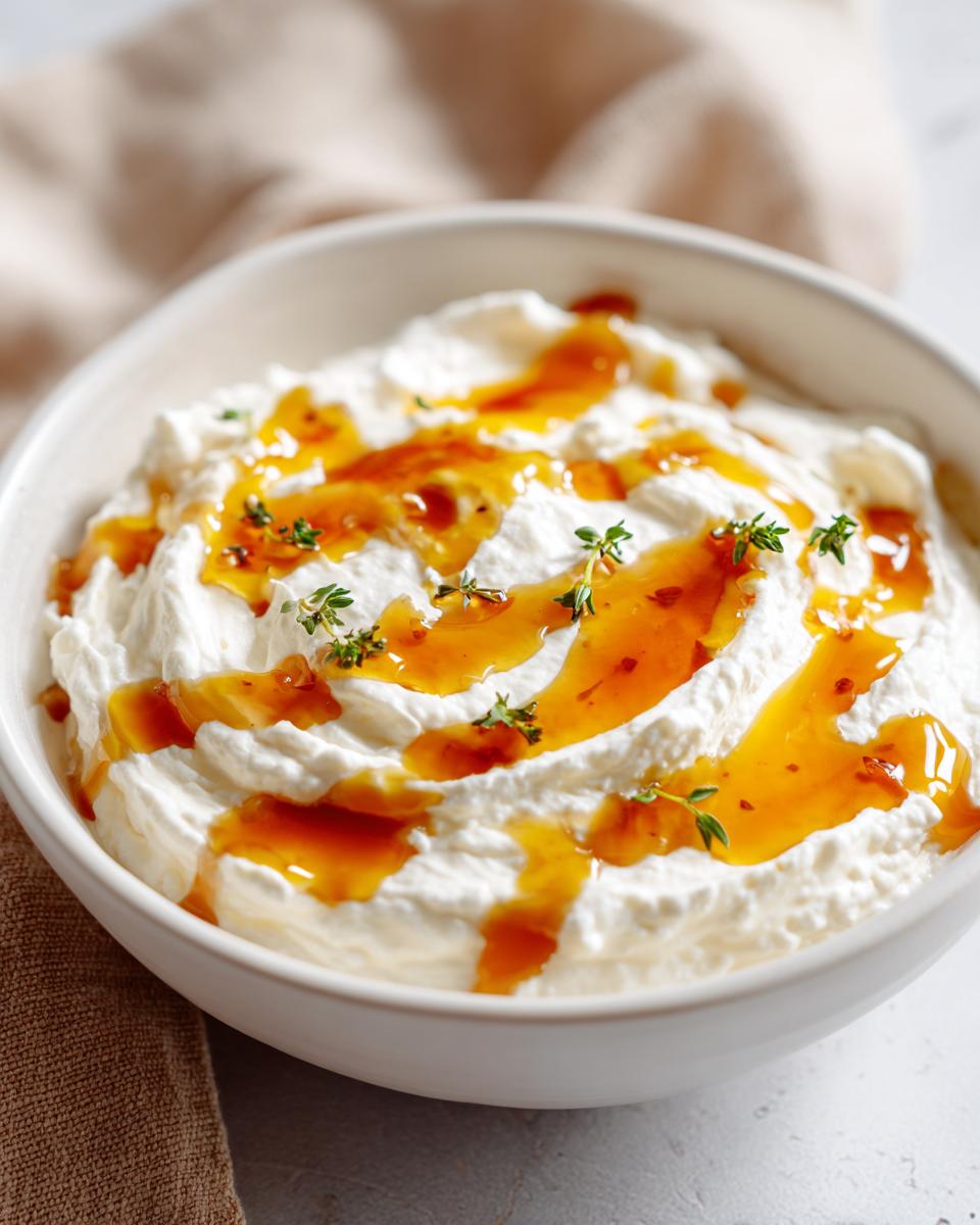 A creamy white ricotta dip topped with golden honey drizzle and fresh thyme sprigs.