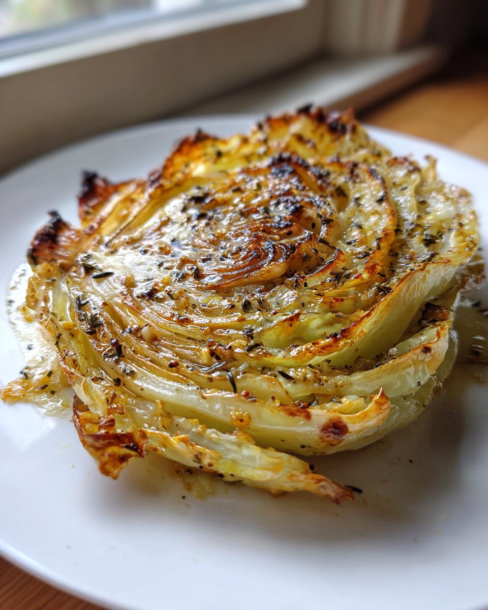 A close-up of a single, beautifully caramelized roasted cabbage steak seasoned with herbs on a white plate.