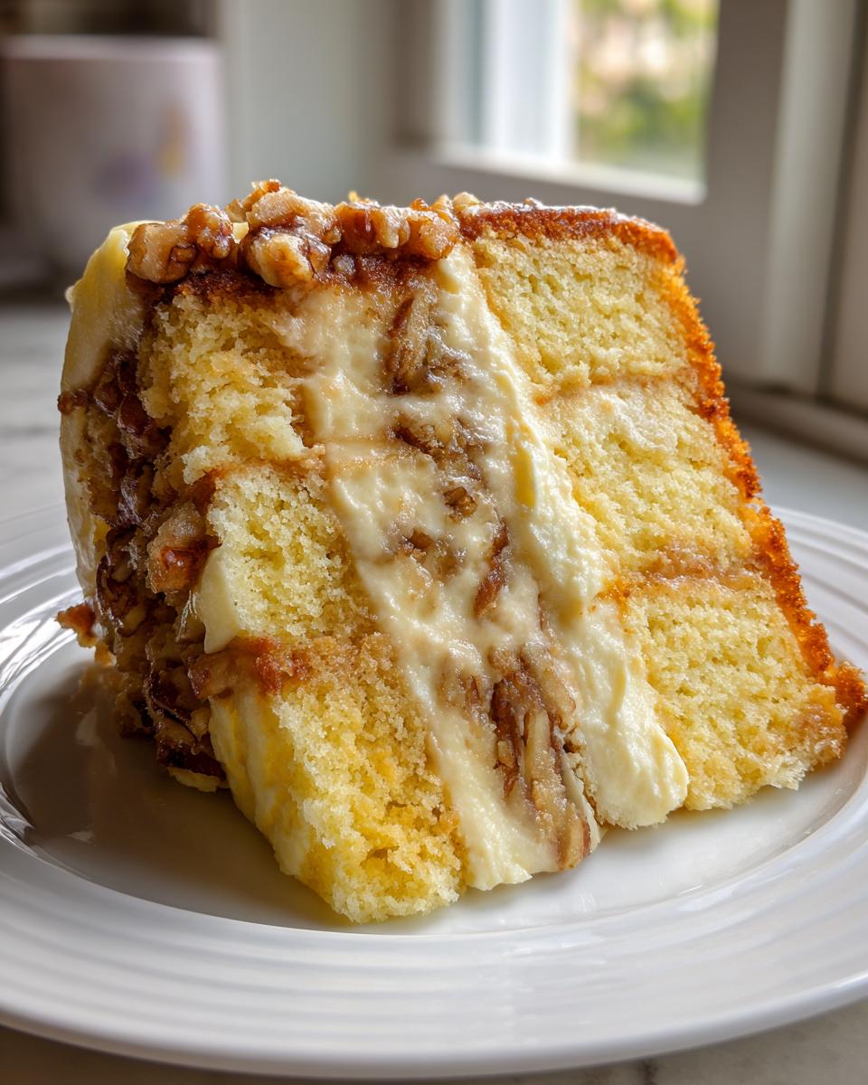 Close-up of a moist slice of sock-it-to-me cake showing layers of yellow cake, creamy filling, and chopped pecans on top.