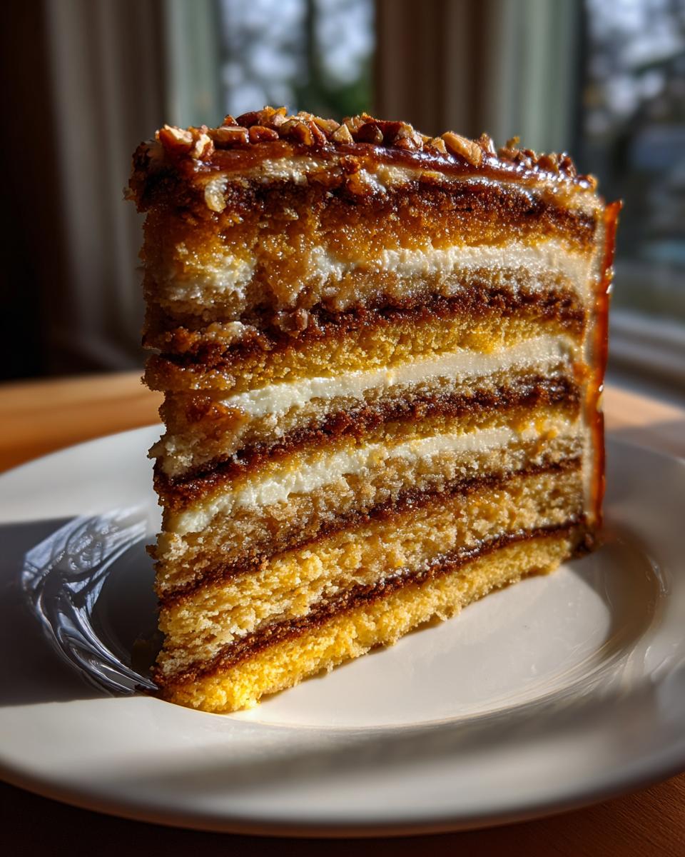 A tall, layered slice of amazing sock-it-to-me cake topped with caramel and chopped pecans.