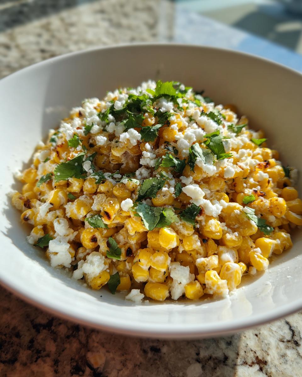 Close-up of vibrant street corn salad featuring charred corn kernels topped with crumbled white cheese and fresh cilantro.