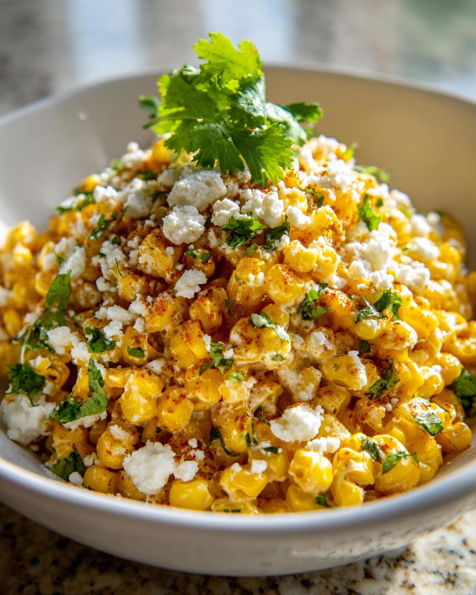 A close-up of a bowl filled with vibrant yellow street corn salad, topped with crumbled white cheese and fresh cilantro.