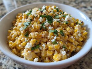 Close-up of creamy, charred corn kernels topped with crumbled white cheese and fresh cilantro, ready to eat as street corn salad.