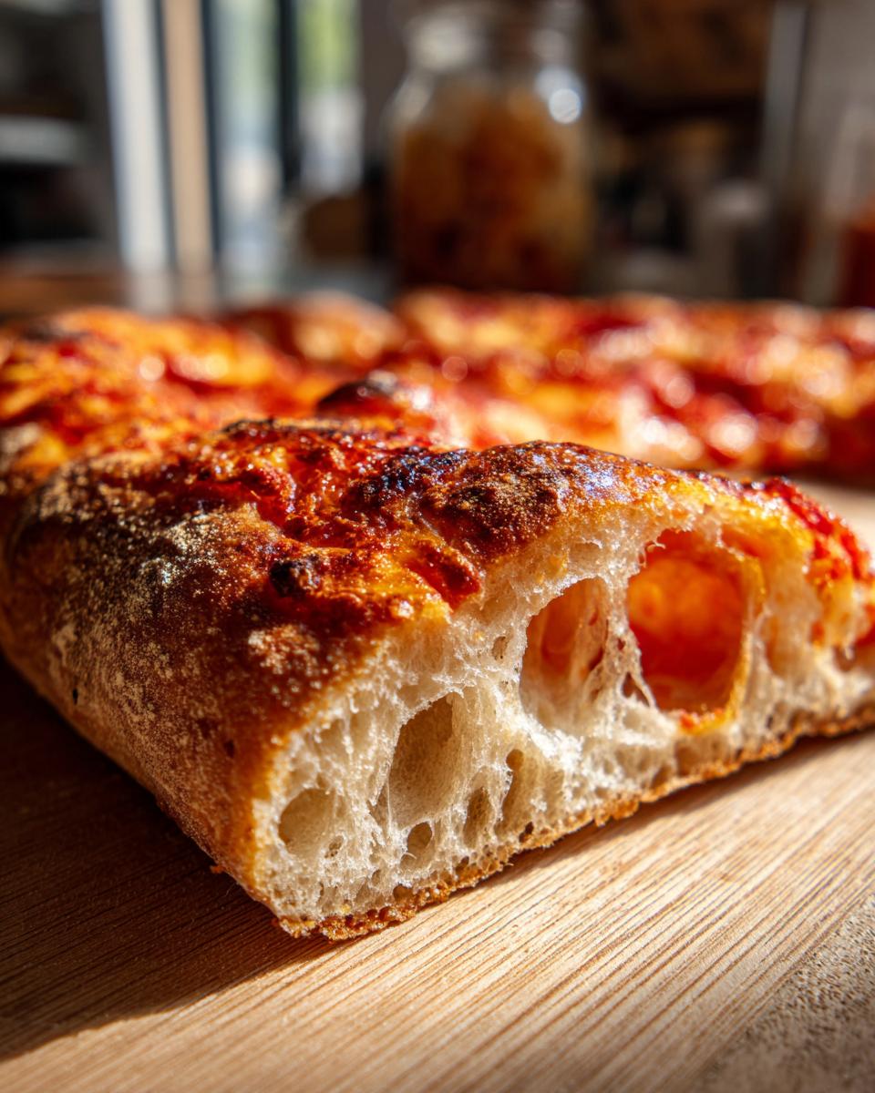Close-up of a slice showing the airy, open crumb structure of amazing thick-crust pizza dough.