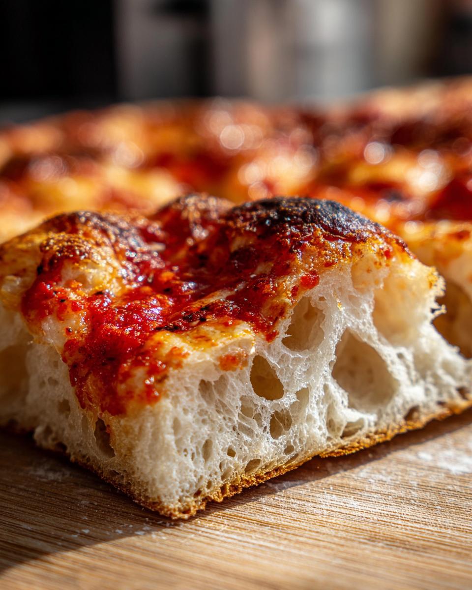 Close-up of a slice showing the airy, open crumb structure of the amazing thick-crust pizza dough with tomato sauce.