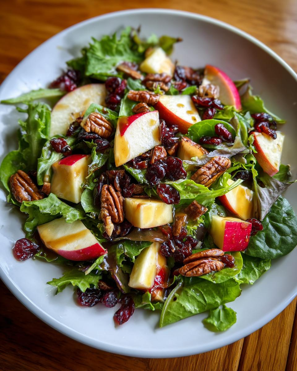 A vibrant bowl of apple salad featuring mixed greens, crisp apple slices, pecans, and dried cranberries, drizzled with dressing.