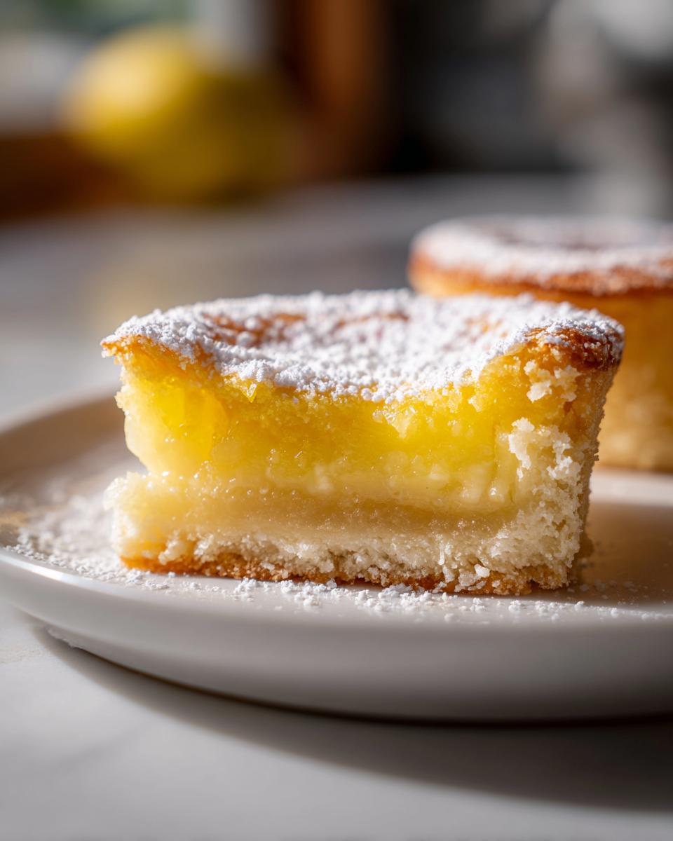A close-up of a square slice of baby lemon impossible pies with a thick, bright yellow filling and powdered sugar dusting.