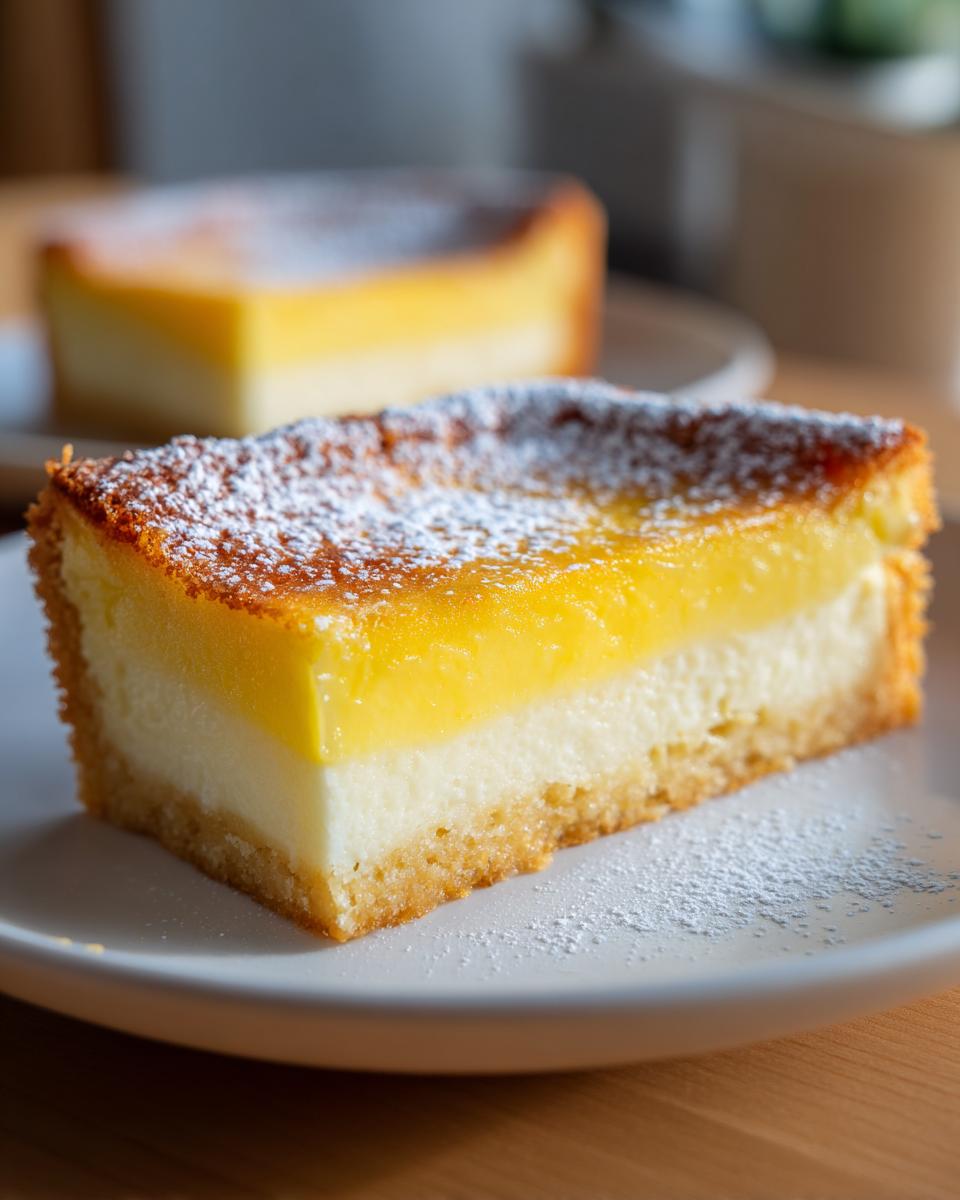 Close-up of a slice of baby lemon impossible pies showing distinct lemon top layer and creamy white bottom layer on a crust, dusted with powdered sugar.