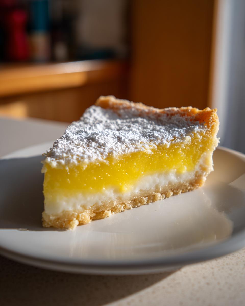 A close-up of a slice of baby lemon impossible pies featuring a bright yellow lemon layer over a white cream layer on a crust, dusted with powdered sugar.