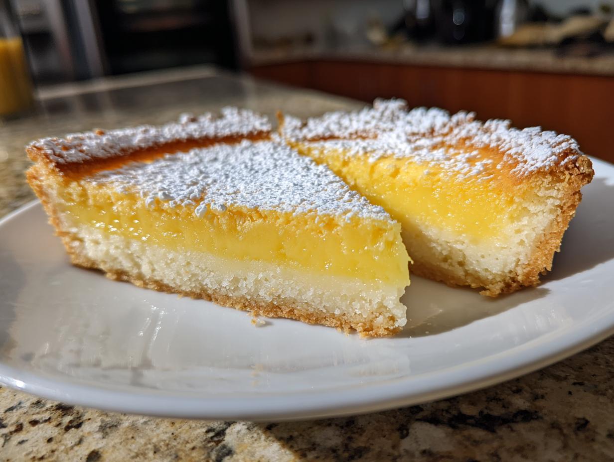 Two triangular slices of bright yellow baby lemon impossible pies, dusted heavily with powdered sugar, resting on a white plate.