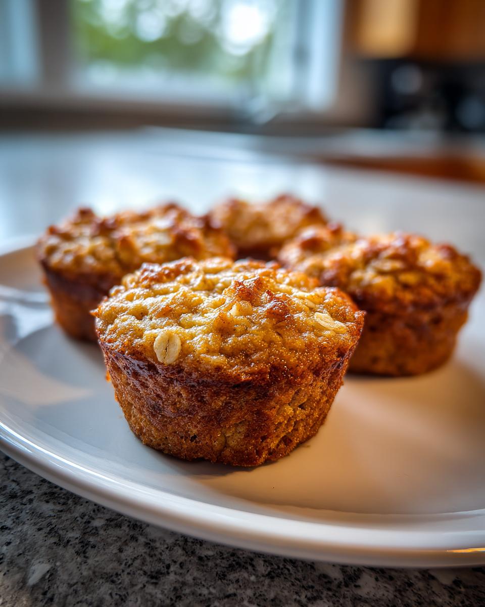 Close-up of freshly baked banana oatmeal cups arranged on a white plate.