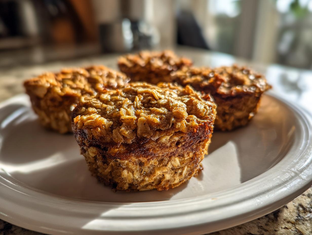 Close-up of four baked banana oatmeal cups sitting on a white plate, catching bright sunlight.
