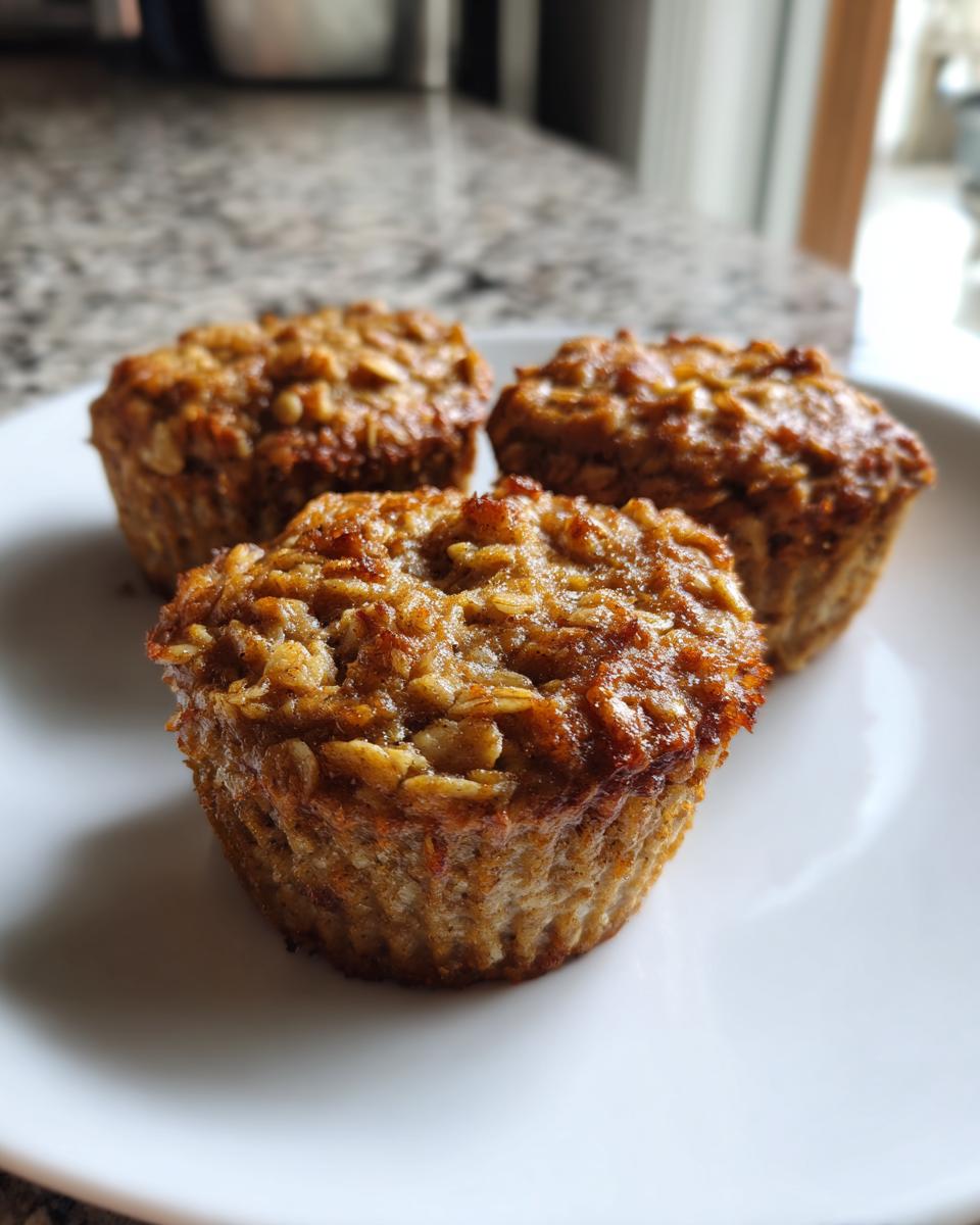 Three freshly baked banana oatmeal cups with visible oats on top, resting on a white plate.