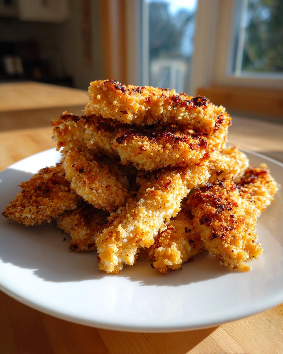 A pile of crispy, golden brown baked chicken tenders stacked high on a white plate, catching bright sunlight.