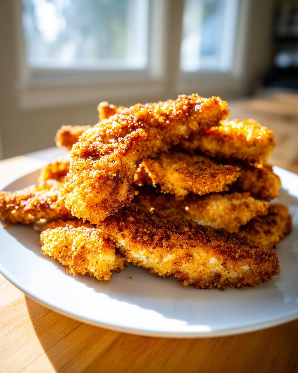 A stack of crispy, golden brown baked chicken tenders piled high on a white plate, backlit by a window.
