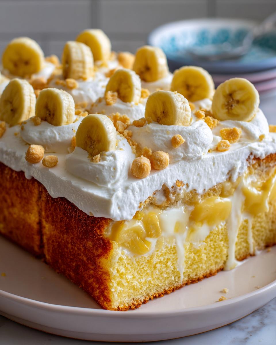 Close-up of a moist slice of banana pudding poke cake showing pudding filling and whipped topping with banana slices.