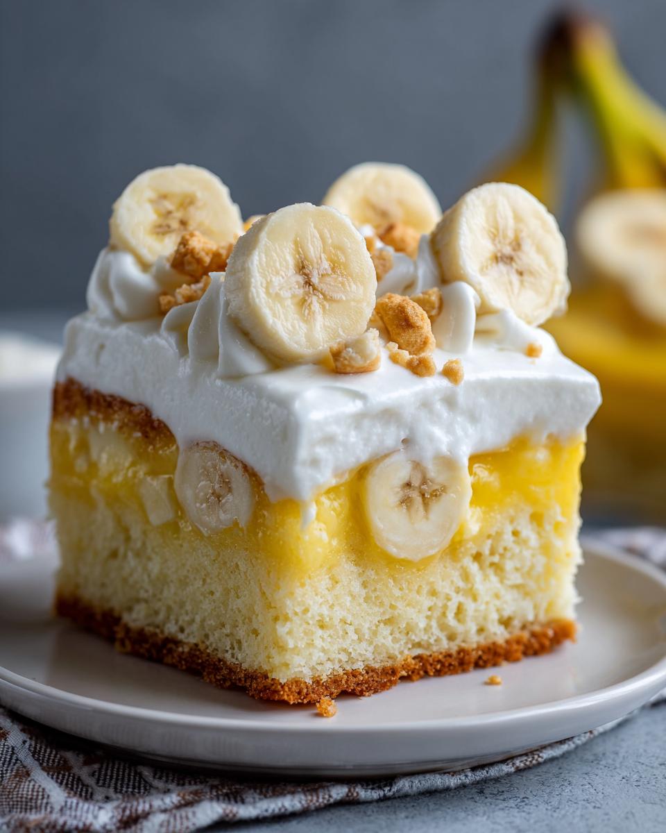 Close-up of a slice of banana pudding poke cake topped with whipped cream, fresh banana slices, and cookie crumbs.