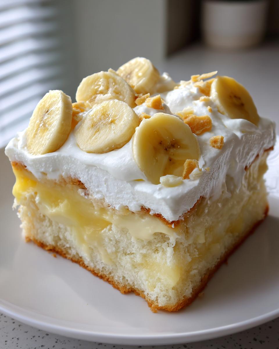 A moist slice of banana pudding poke cake topped with whipped cream, fresh banana slices, and crushed wafers.