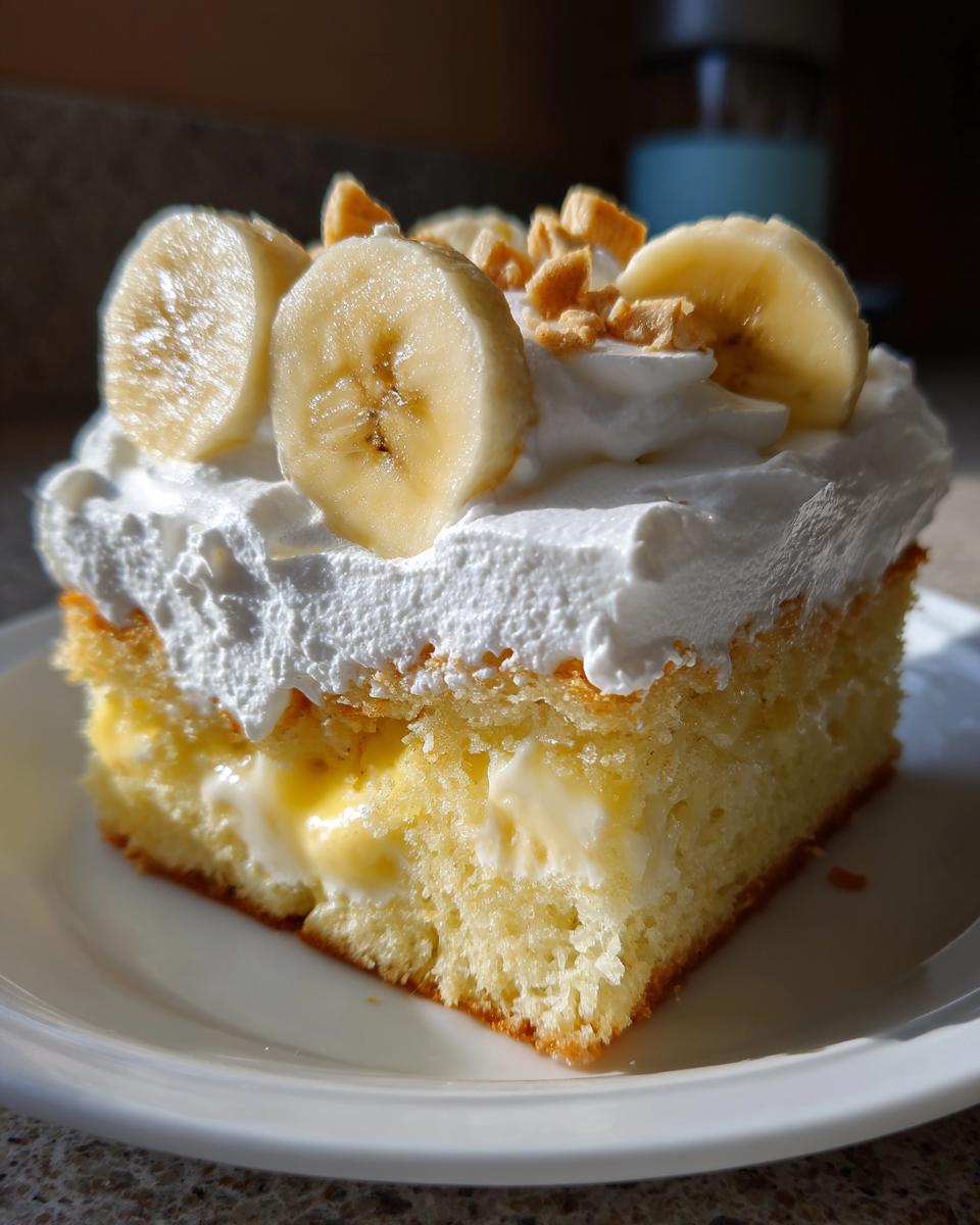 A close-up slice of banana pudding poke cake topped with whipped cream, banana slices, and crushed wafers.
