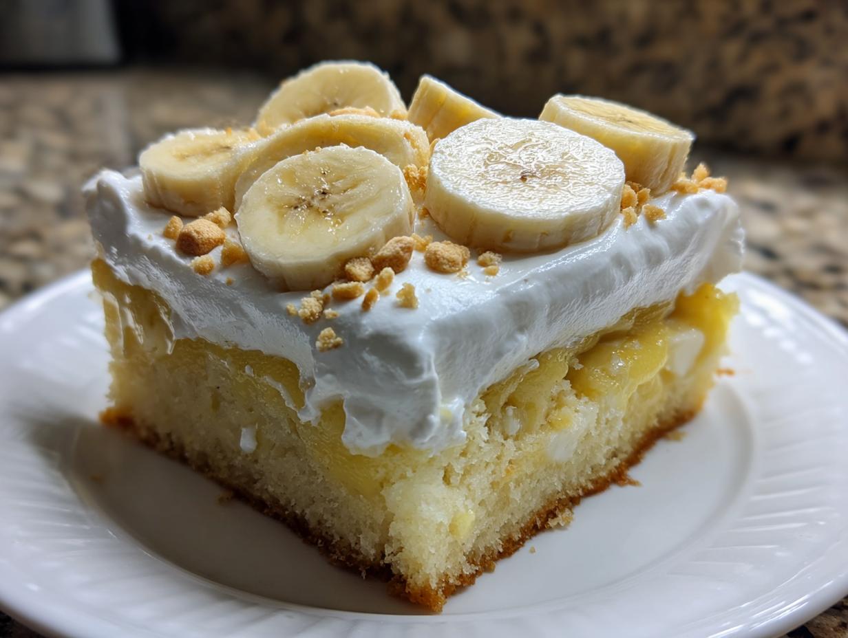 A moist slice of banana pudding poke cake topped with whipped cream, fresh banana slices, and crushed wafers.