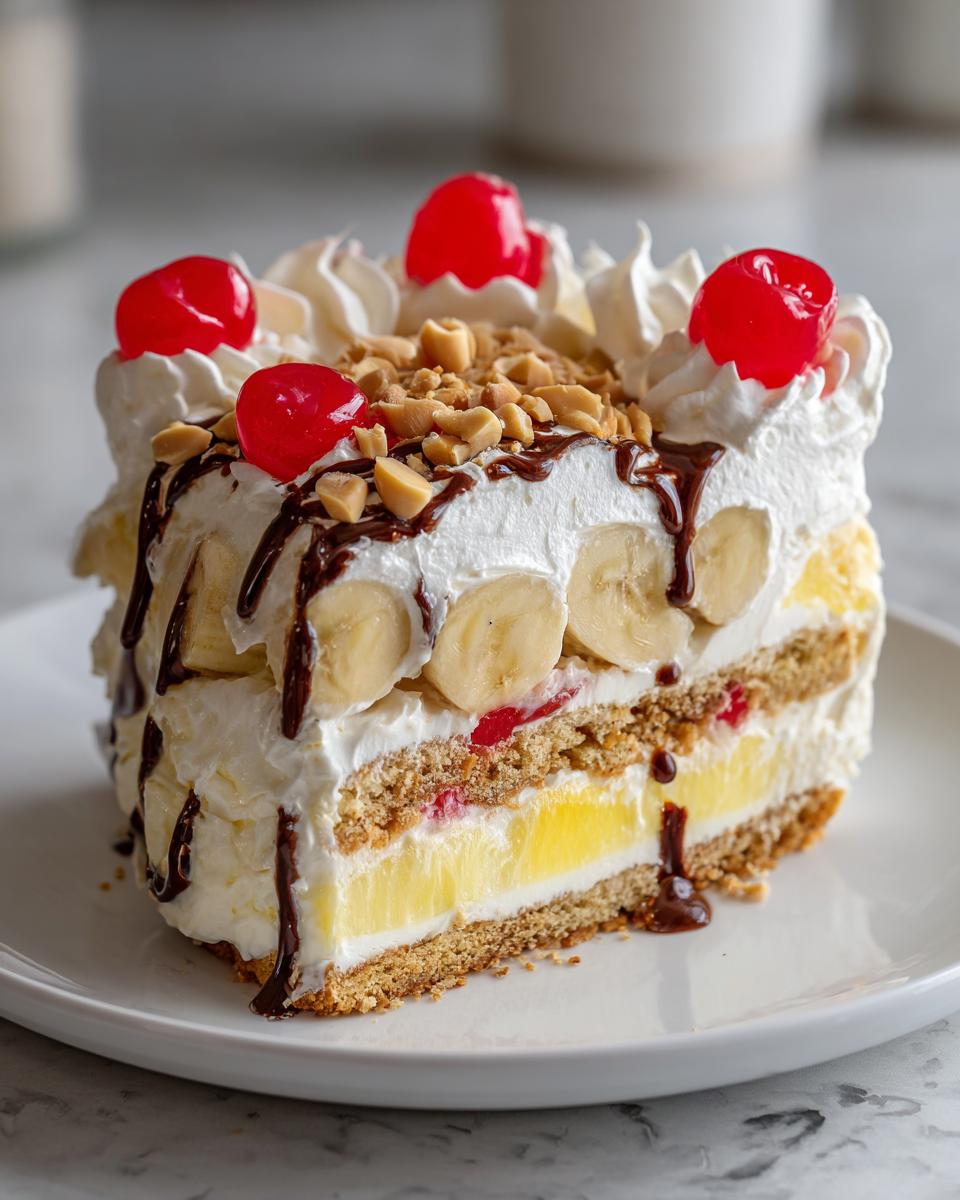A tall slice of banana split cake featuring layers of crust, pudding, bananas, whipped cream, and topped with cherries and peanuts.