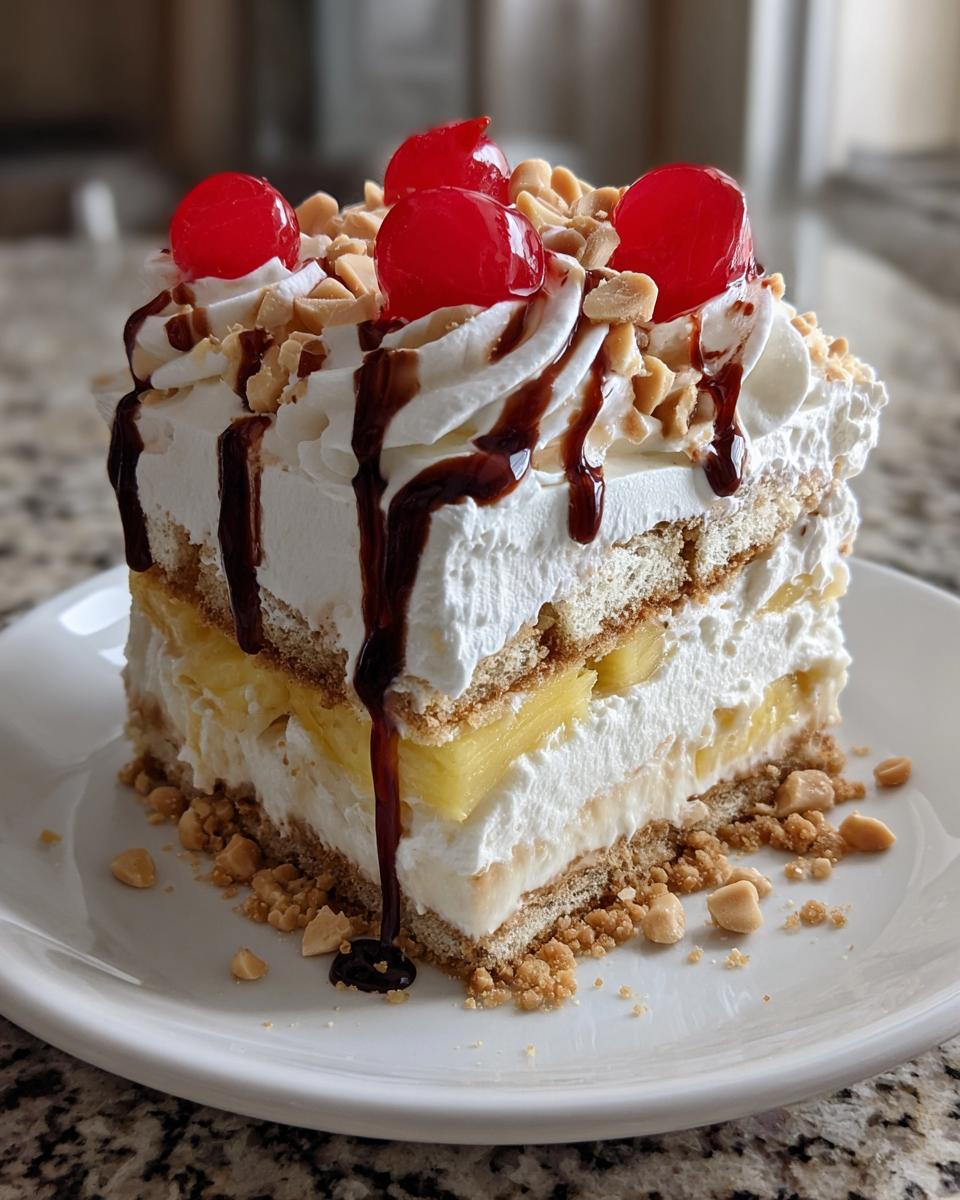 A decadent slice of banana split cake layered with cream, pineapple, and topped with whipped cream, nuts, cherries, and chocolate syrup.