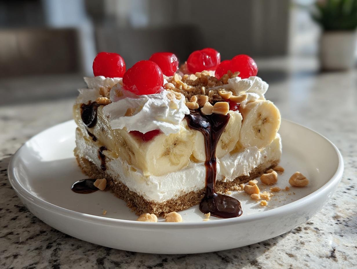 A decadent slice of banana split cake featuring layers of cream, banana slices, chocolate syrup, nuts, and maraschino cherries.
