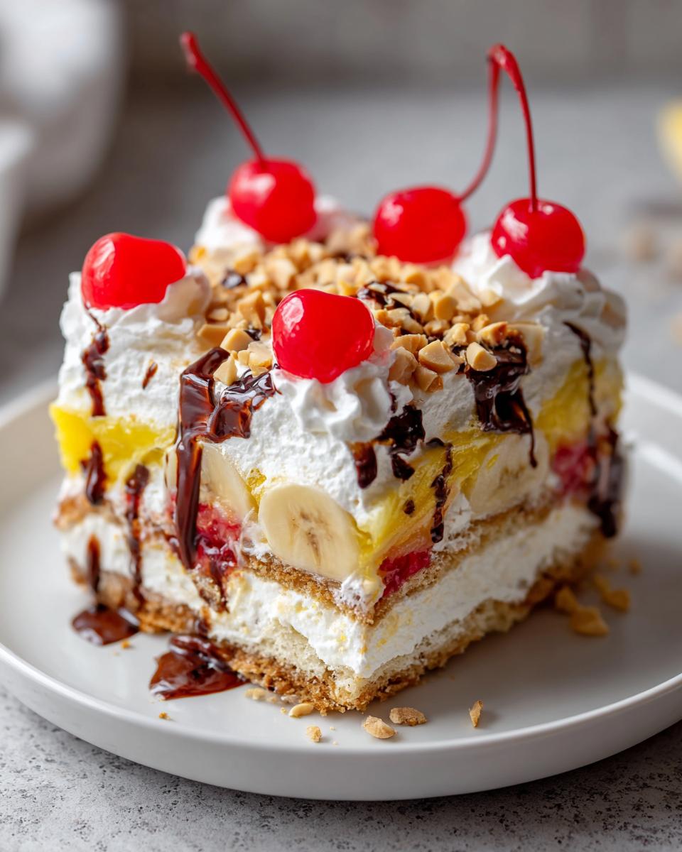A decadent slice of 3-layer banana split cake topped with whipped cream, cherries, nuts, and chocolate syrup.