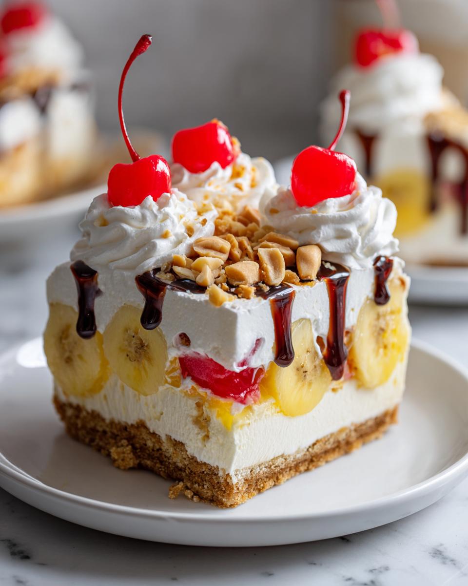 A perfect square slice of banana split cake featuring a graham cracker crust, creamy filling, banana slices, and topped with whipped cream, nuts, and cherries.
