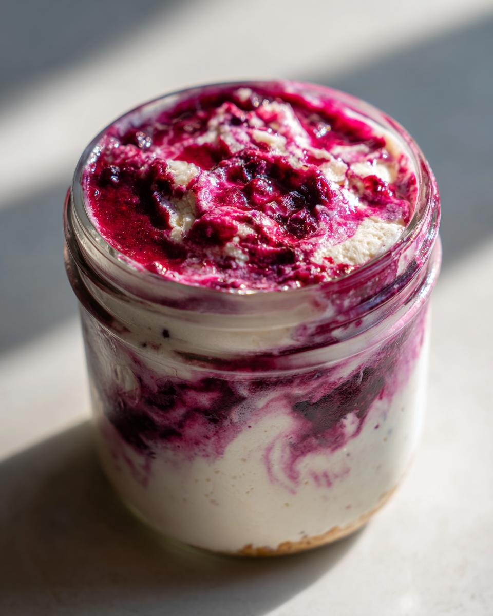 Close-up of a single berry swirl high protein cheesecake jar showing creamy filling and vibrant purple berry topping.
