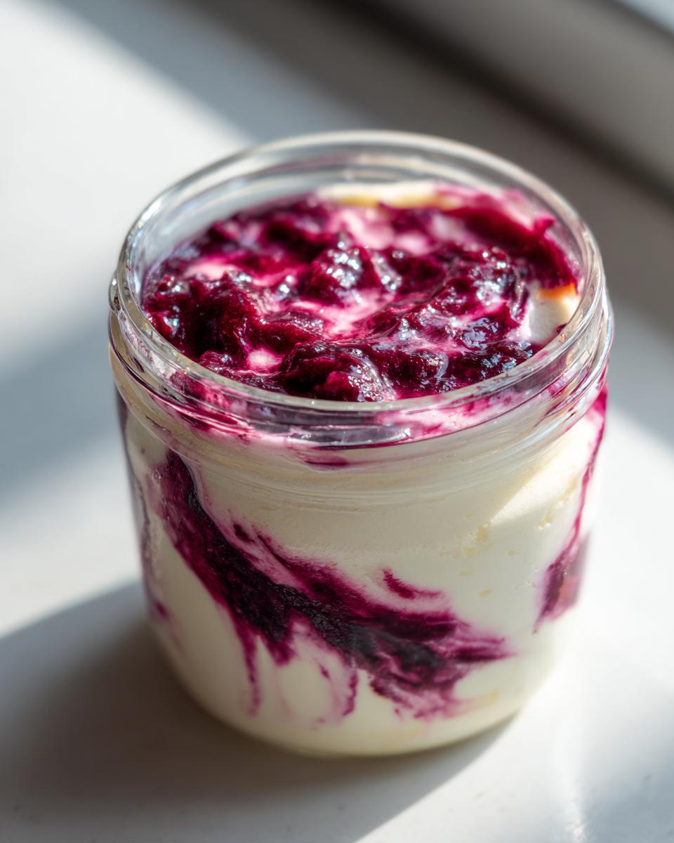 Close-up of a berry swirl high protein cheesecake jar showing creamy white filling swirled with deep purple berry compote.