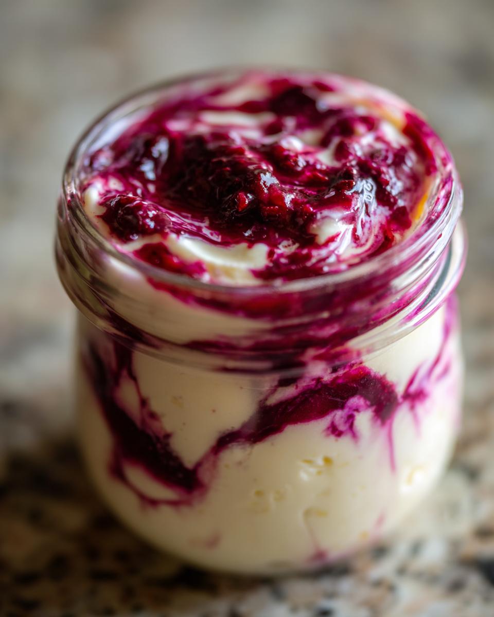 Close-up of a single berry swirl high protein cheesecake jar with creamy filling and vibrant berry topping.
