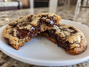 Close-up of a chocolate chip cookie broken in half, showing a molten, gooey chocolate center.