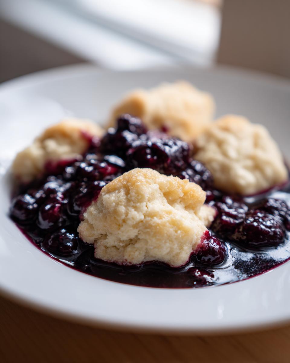 A close-up of warm Blackberry Dumplings served in a white bowl, covered in rich, dark berry sauce.