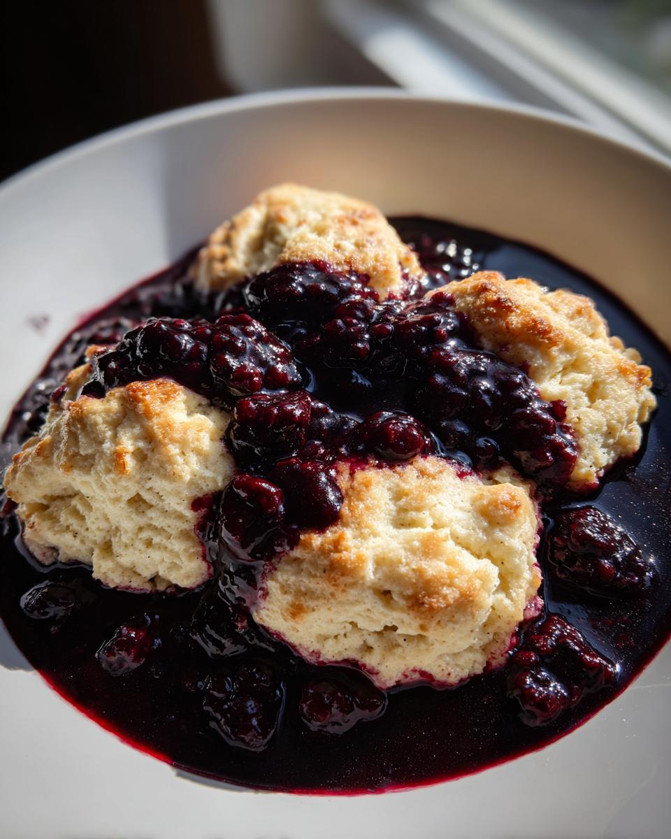 Three fluffy biscuits submerged in rich, dark purple sauce with whole blackberries, representing amazing blackberry dumplings.