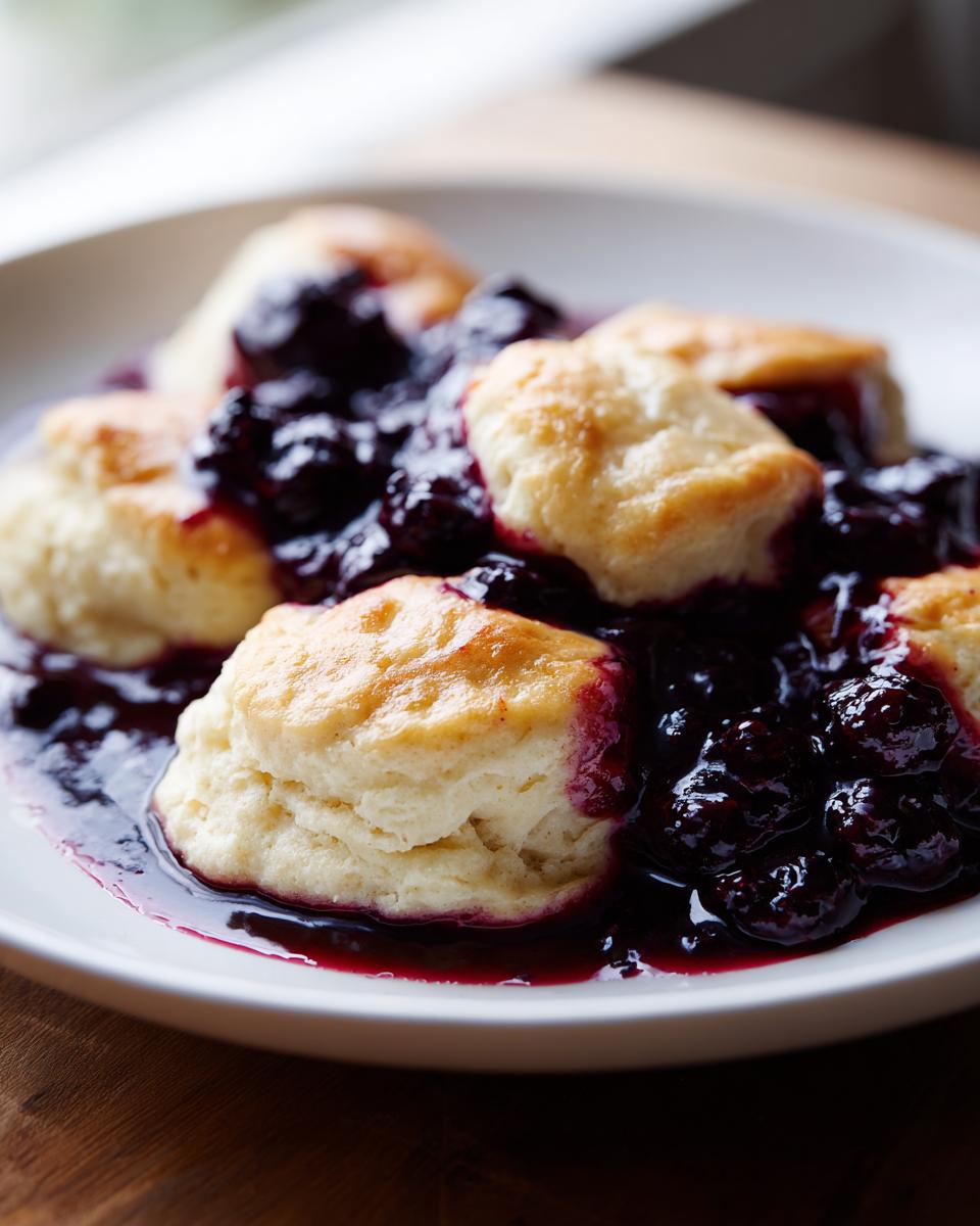 Close-up of fluffy, golden-topped Blackberry Dumplings served in a white bowl swimming in a rich, dark purple blackberry sauce.
