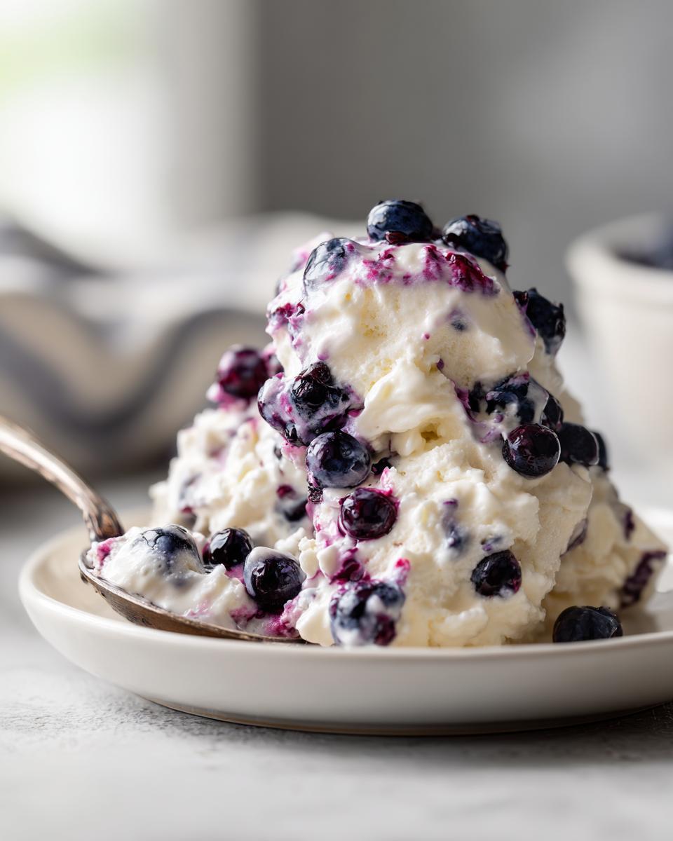 A close-up of a fluffy white dessert mixed with fresh blueberries, served on a white plate with a spoon taking a scoop of blueberry fluff salad.