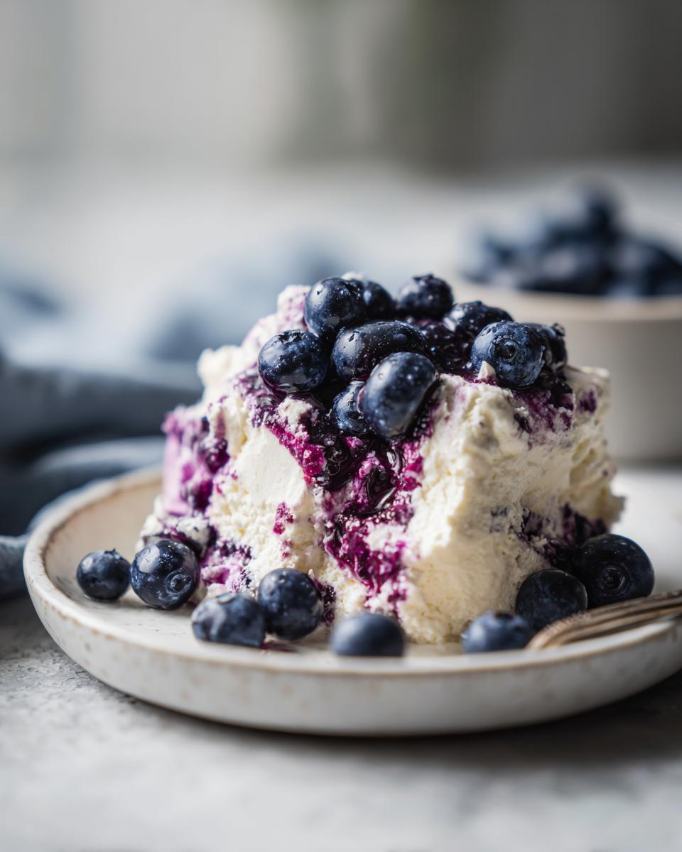 A close-up of a serving of creamy blueberry fluff salad topped generously with fresh blueberries and blueberry sauce.