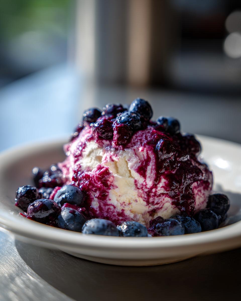 A scoop of creamy blueberry fluff salad topped with rich blueberry sauce and fresh blueberries.