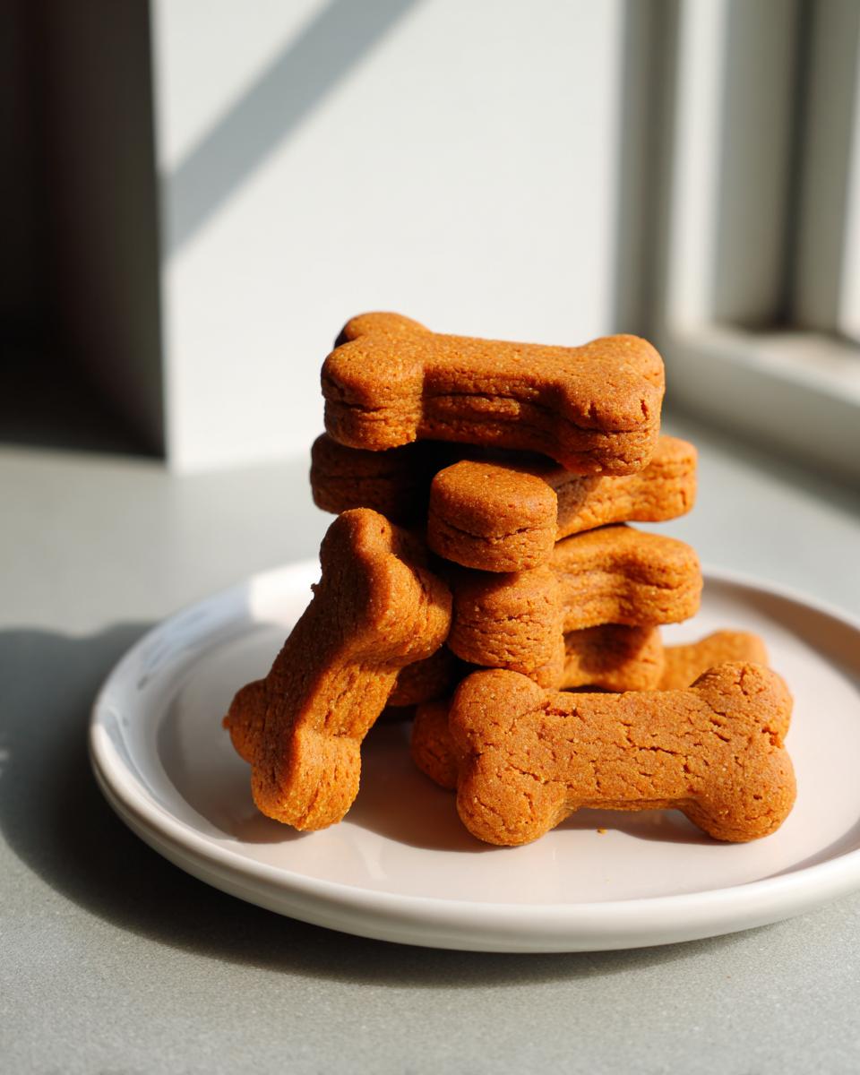 A stack of homemade, bone-shaped dog cookies resting on a small white plate in natural light.