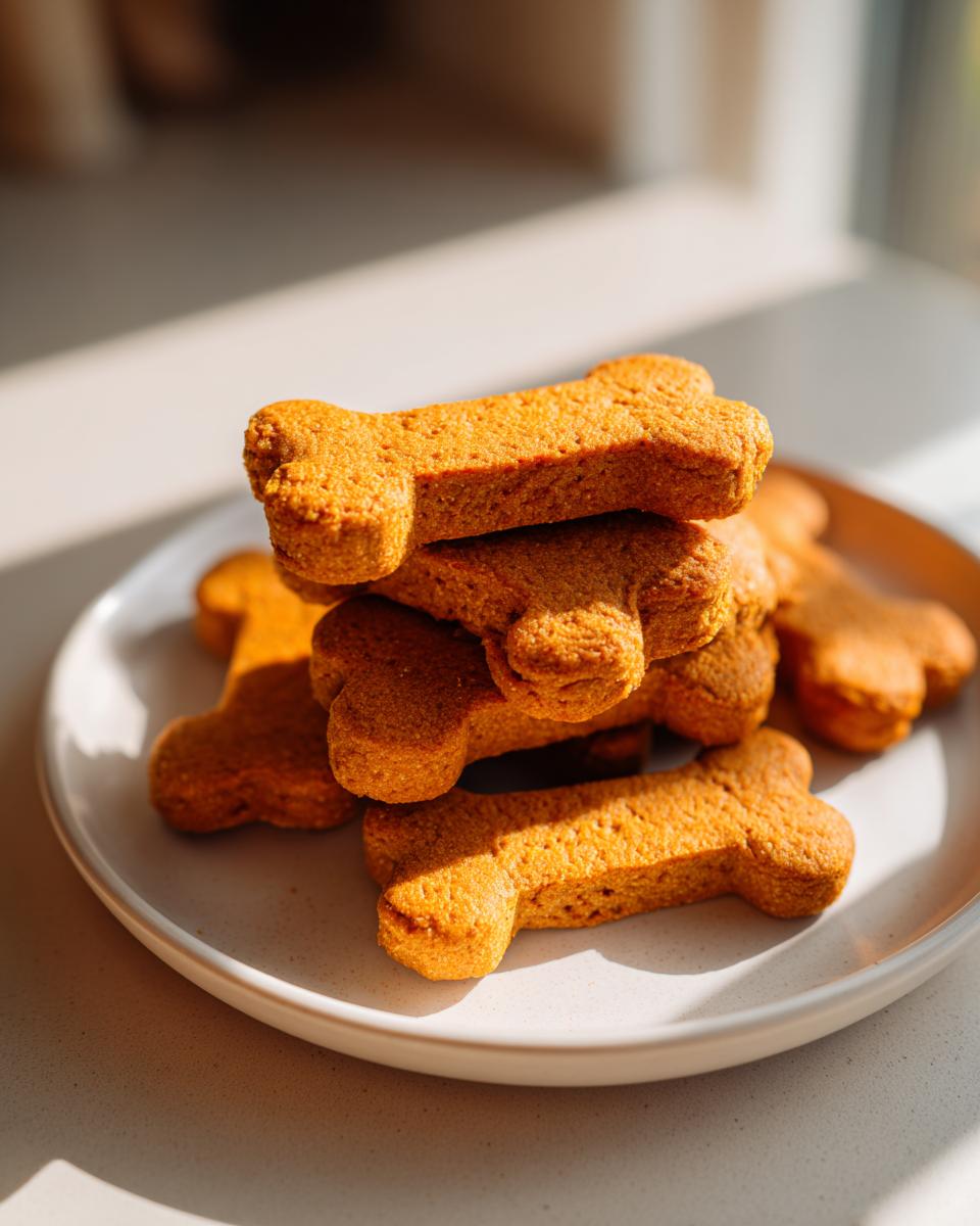 A stack of freshly baked, orange-colored, bone-shaped dog cookies resting on a light-colored plate.