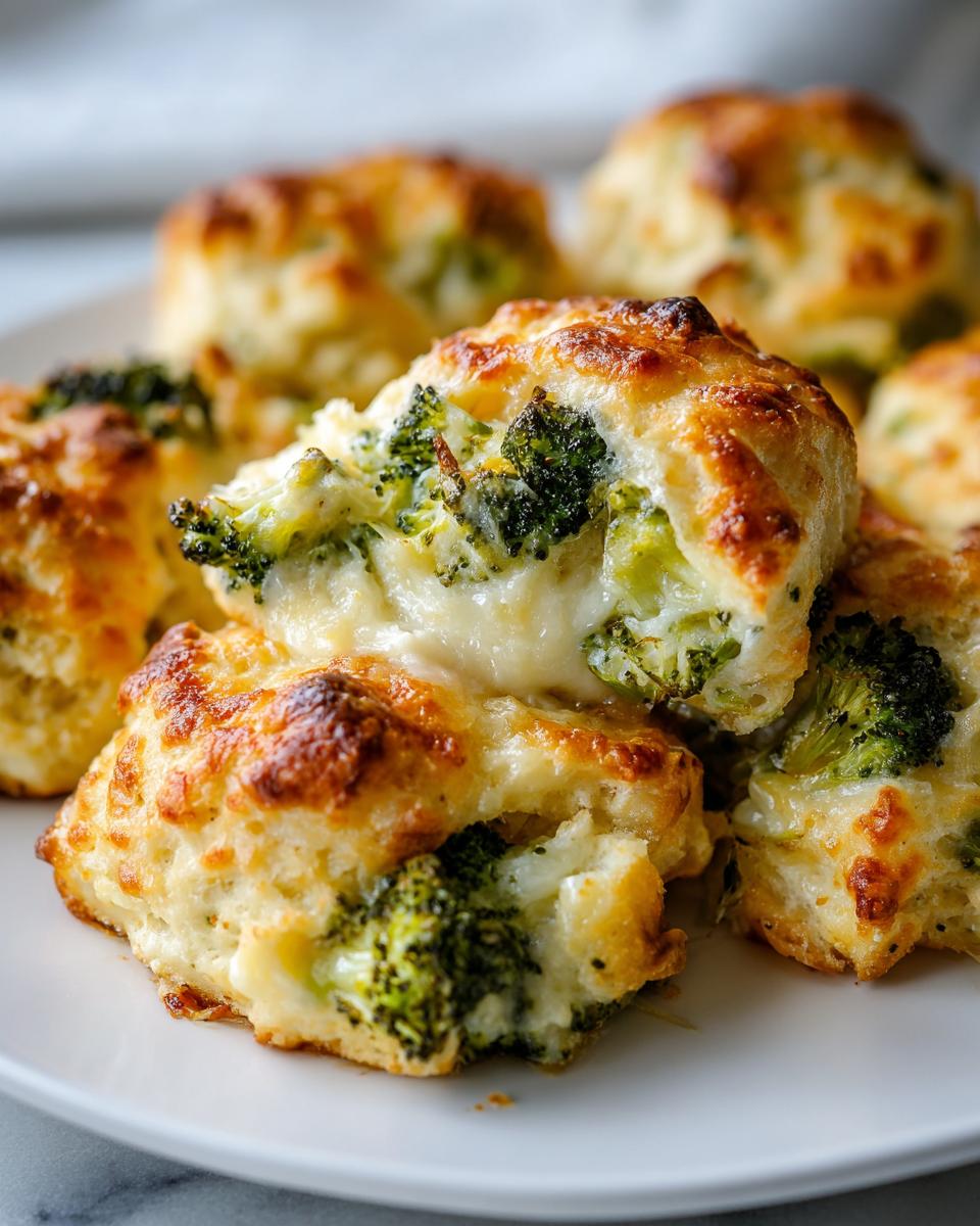 Close-up of cheesy broccoli biscuit casserole pieces showing melted cheese and bright green broccoli florets.
