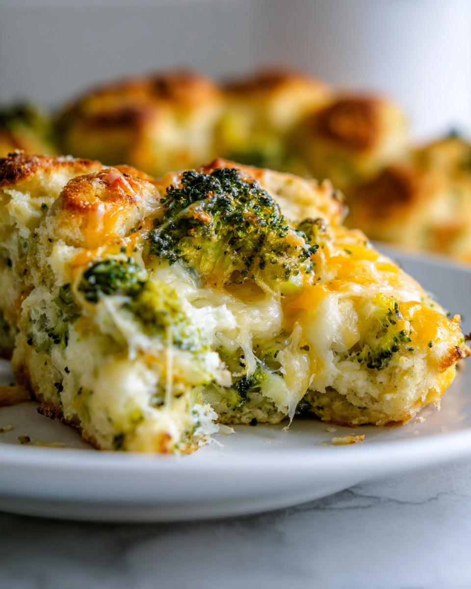 A close-up of a serving of broccoli biscuit casserole showing melted cheese pulling away from the soft biscuit base and bright green broccoli florets.