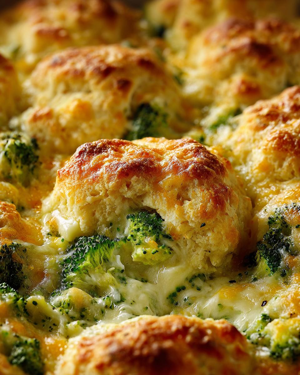 Close-up of a bubbling, cheesy broccoli biscuit casserole with golden brown biscuit tops.
