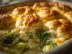 Close-up of a bubbling broccoli biscuit casserole with golden brown biscuit tops and creamy cheese sauce.