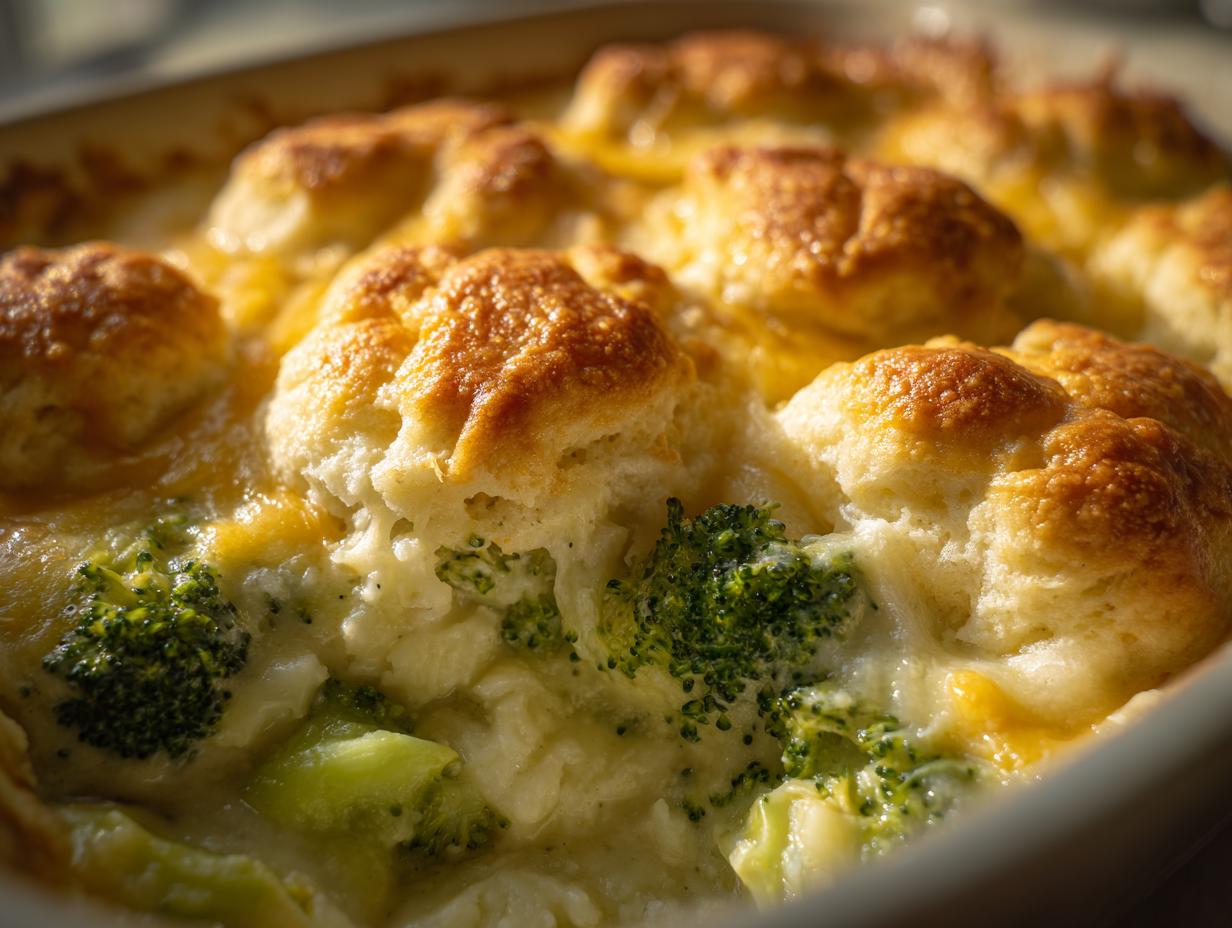 Close-up of a bubbling broccoli biscuit casserole with golden brown biscuit tops and creamy cheese sauce.