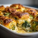 Close-up of a bubbly, golden-brown topped broccoli biscuit casserole baking in a white dish.