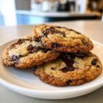 Three freshly baked brown butter chocolate chip cookies stacked on a white plate with melted chocolate.